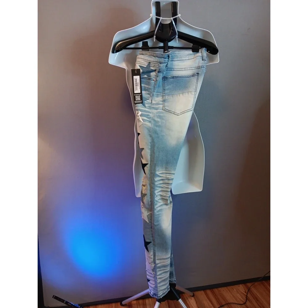 Rockstar Original Star Patch Stacked Denim Jeans Light Blue Distressed NWT 32 - Picture 2 of 6